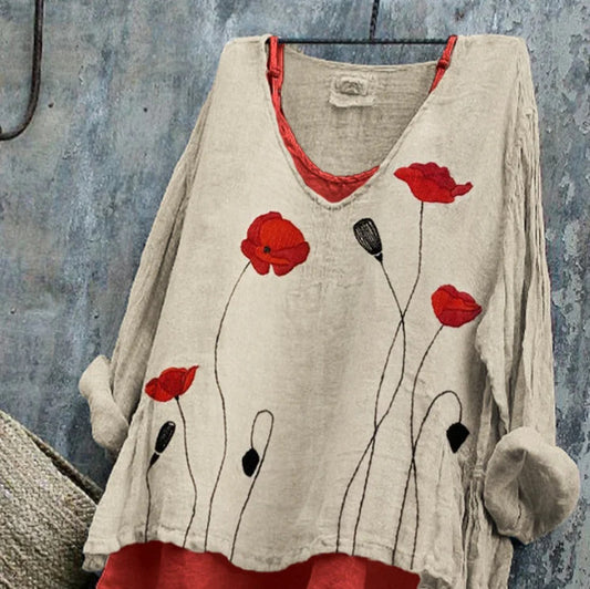 Manga Larga Informal Estampada Suelta Floral para Mujer