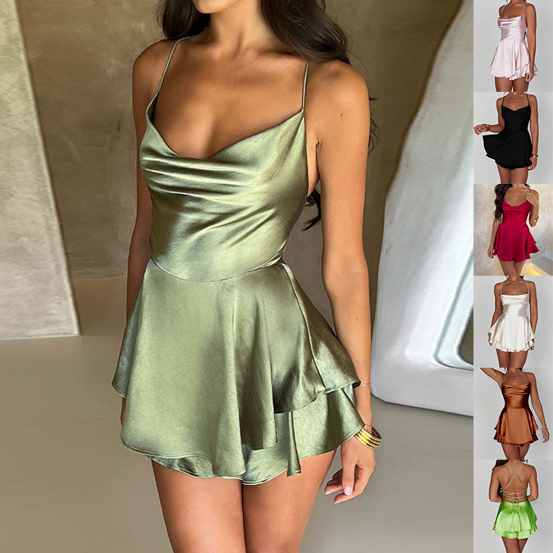 Jupe sexy à bretelles pour femme, élégante, ajustée, en satin, dos nu, à lacets, robe courte trapèze pour femme