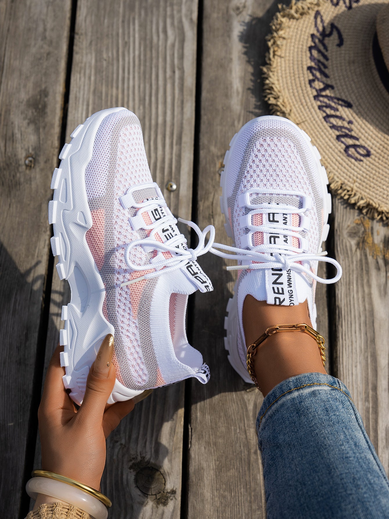 Zapatillas de malla Flyknit para mujer, transpirables, con cordones, para caminar, correr, informales