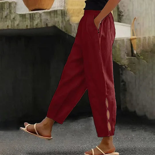 Pantalon d'été pour femme, détails creux à la cheville, avec boutons à l'ourlet
