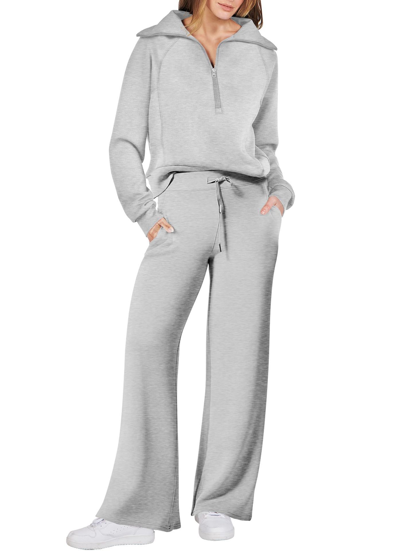 Ensemble décontracté deux pièces : Sweat-shirt zippé à manches longues et pantalon large