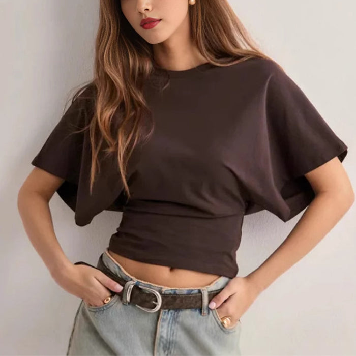 Camiseta de manga murciélago de verano con cuello redondo a la moda, top de manga corta tipo jersey para ropa de mujer