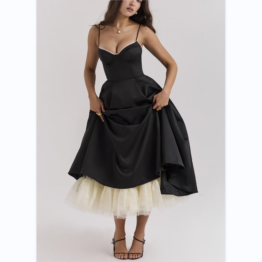 Vestido largo abullonado sin mangas con cuello en V para mujer
