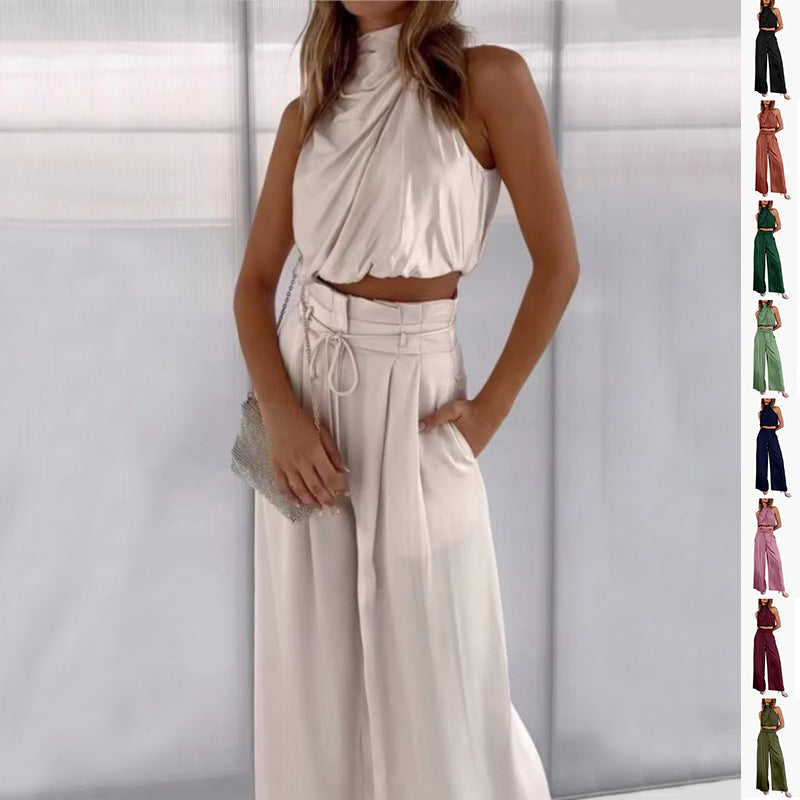 Ensemble 2 pièces d'été décontracté pour femme : haut sans manches court et pantalon large