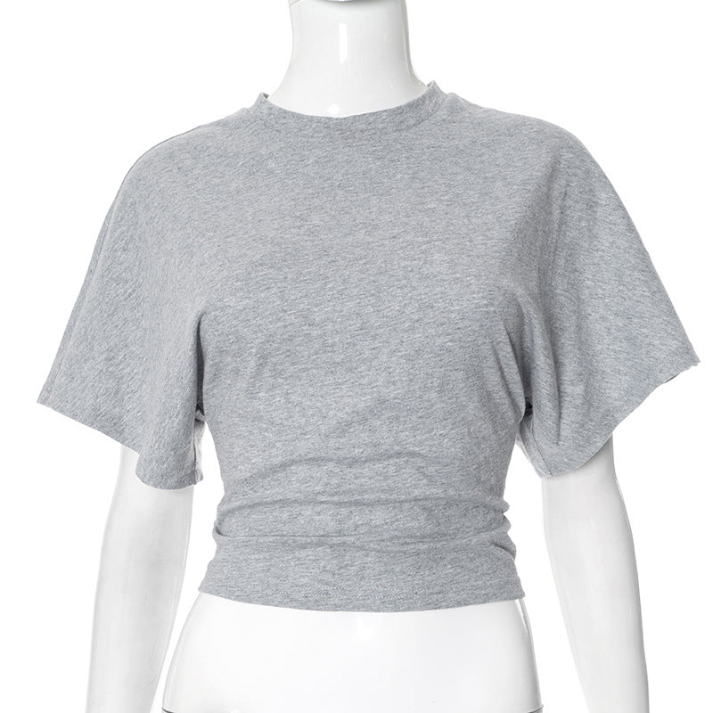 Camiseta de manga murciélago de verano con cuello redondo a la moda, top de manga corta tipo jersey para ropa de mujer