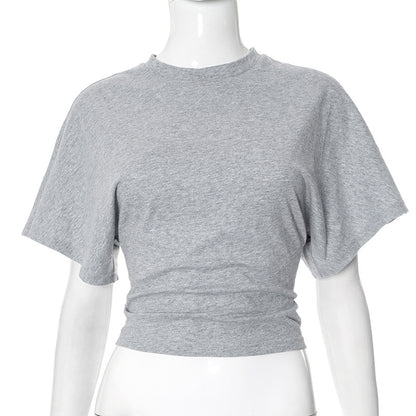 Camiseta de manga murciélago de verano con cuello redondo a la moda, top de manga corta tipo jersey para ropa de mujer