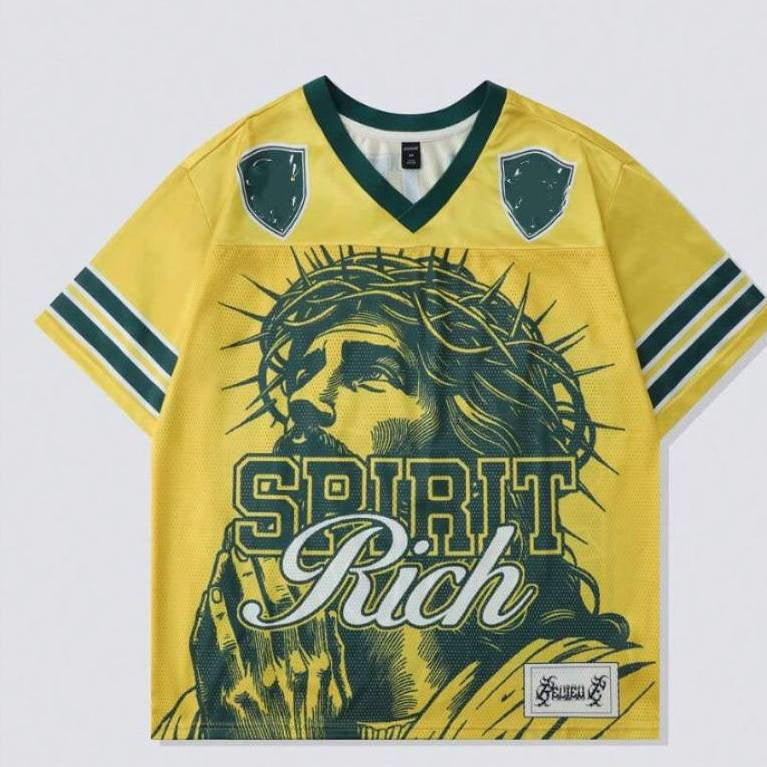 T-shirt rétro avec lettre en polyester, maille style américain rétro