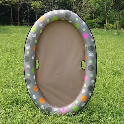 Dog inflatable pool hammock float by AdTec, gray ring with multicolor dots and beige interior.