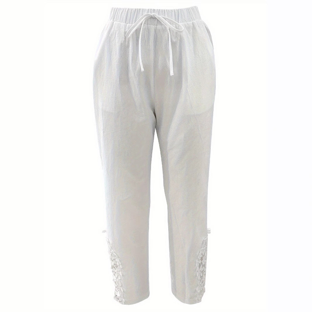 Pantalon droit décontracté en dentelle avec cordon de serrage pour femme