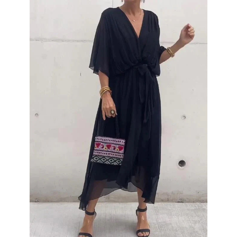 Vestido de verano con escote en V y manga murciélago de color liso con lazo irregular, vestidos largos para mujer