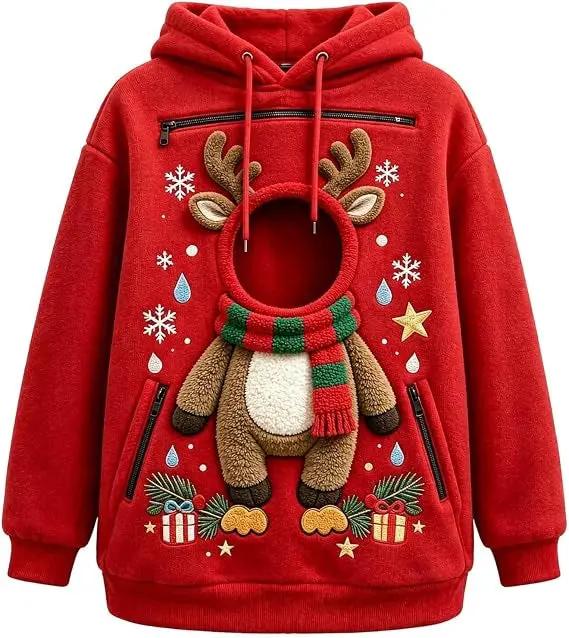 Pet Christmas 3D Printed Hooded Pullover Sweatshirt, red fleece with 3D reindeer design and scarf