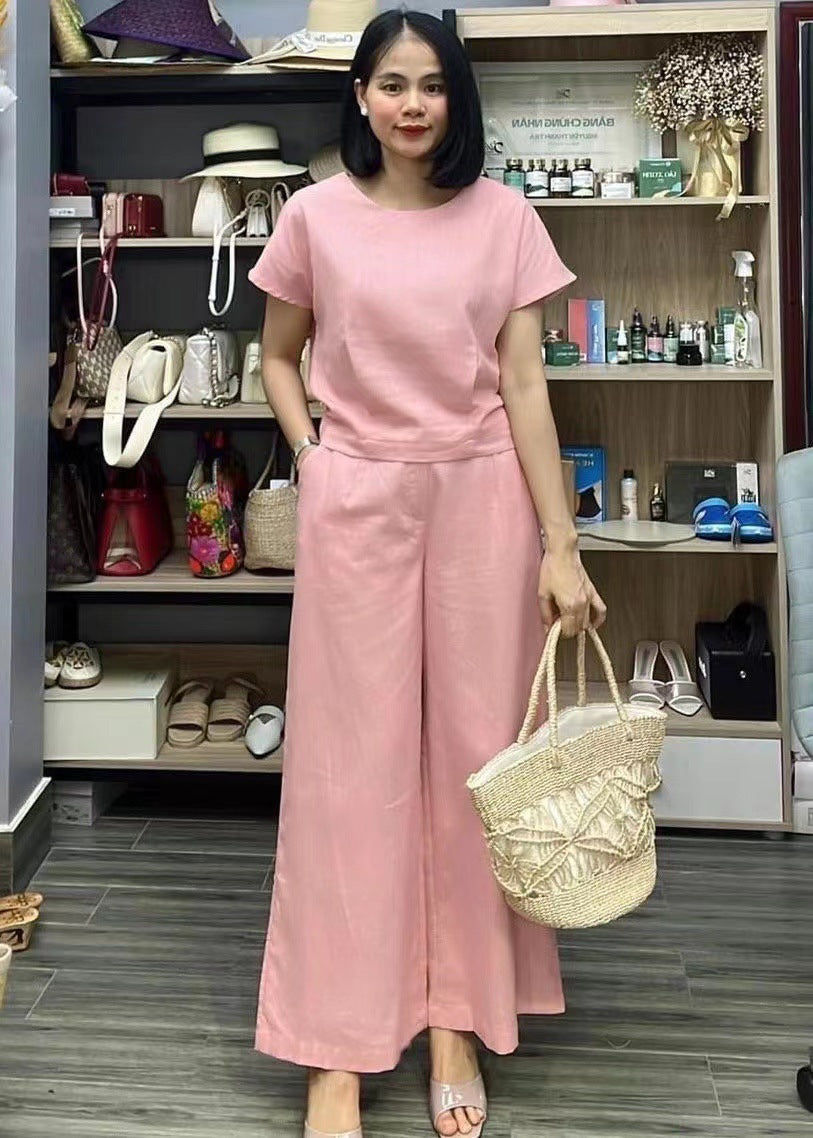 Traje de dos piezas de lino informal holgado de color sólido para mujer europea y americana