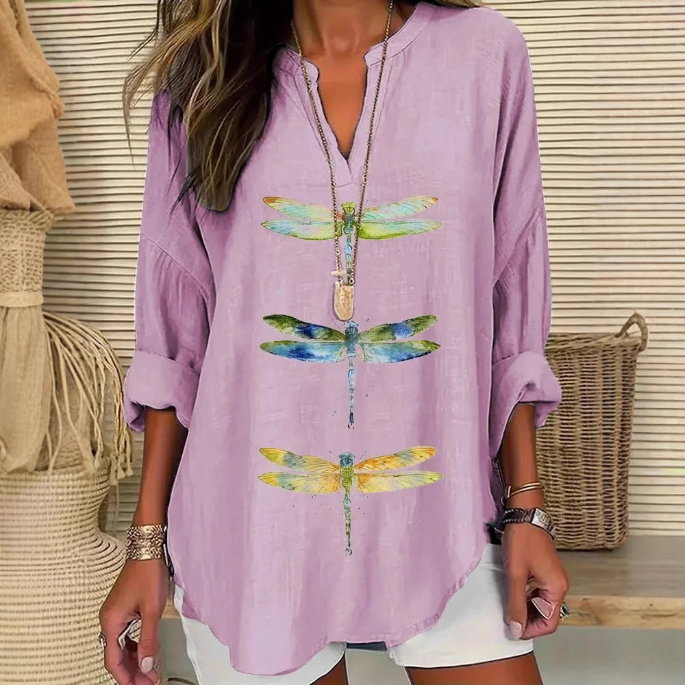 Ropa de mujer europea y americana, cuello en V pequeño, cuello alto, botón, hombros caídos, manga larga, camiseta de mujer, bajo curvo.