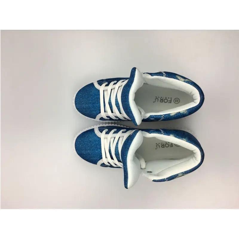 Shoes: AdTec pair of high-top platform women's sneakers in blue denim with white laces