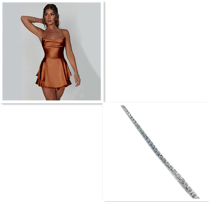 Sexy Falda de Tirantes para Mujer Elegante Ajustada con Tirantes de Satén Sin Espalda con Cordones Vestido Corto Acampanado para Mujer