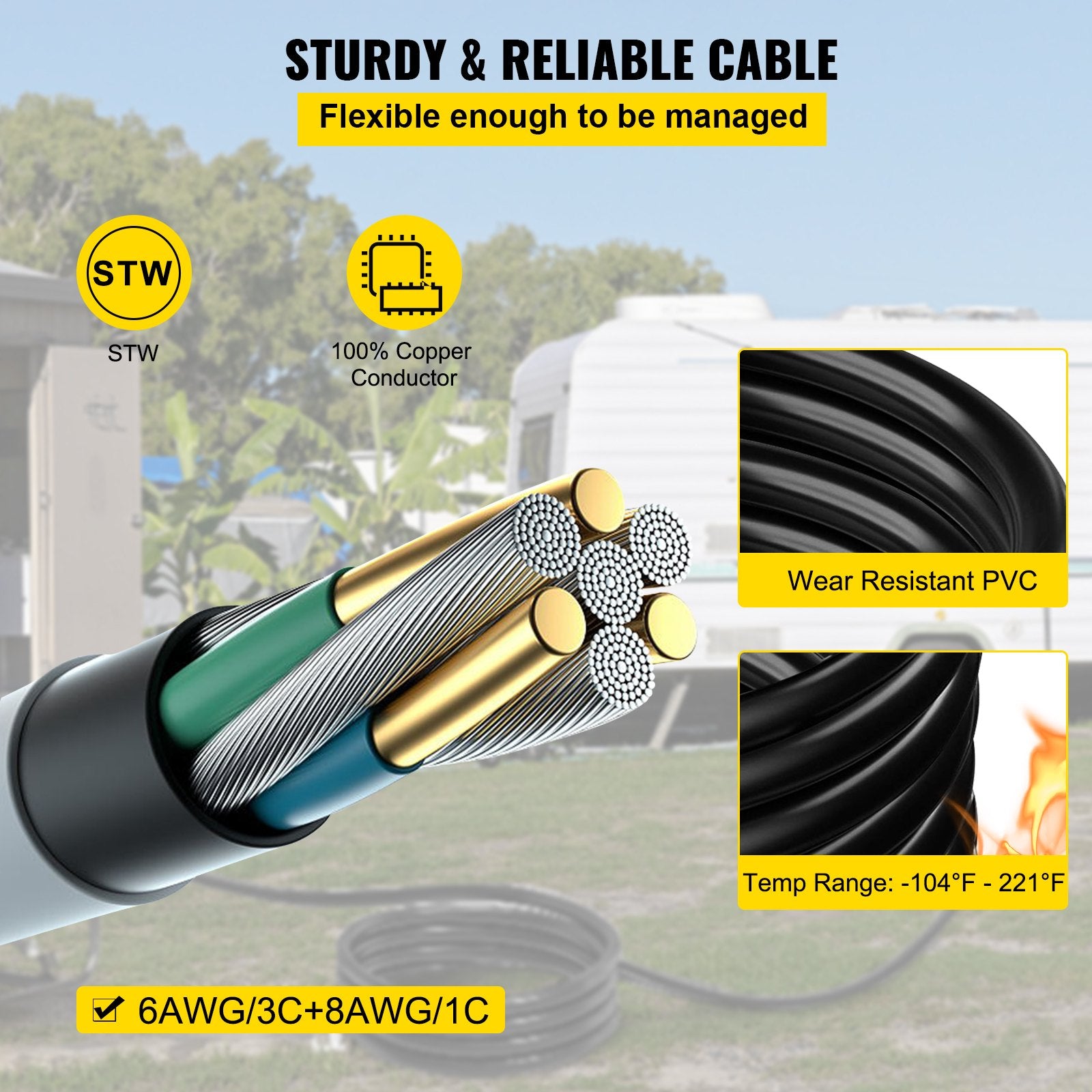Cable de extensión para generador de 20 pies y 50 amperios, STW 6/3 + 8/1, 125 V 250 V