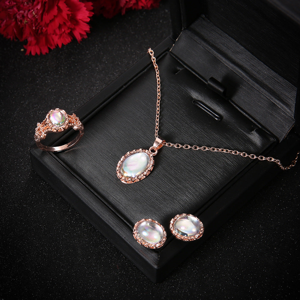 Parure de bijoux tendance avec pierres précieuses éblouissantes, style européen, et nouvel ensemble collier boucles d'oreilles bague