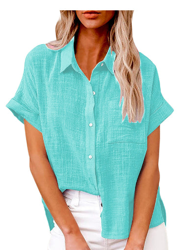Chemisier Femme Coton Lin Décontracté Manches Courtes à Poche