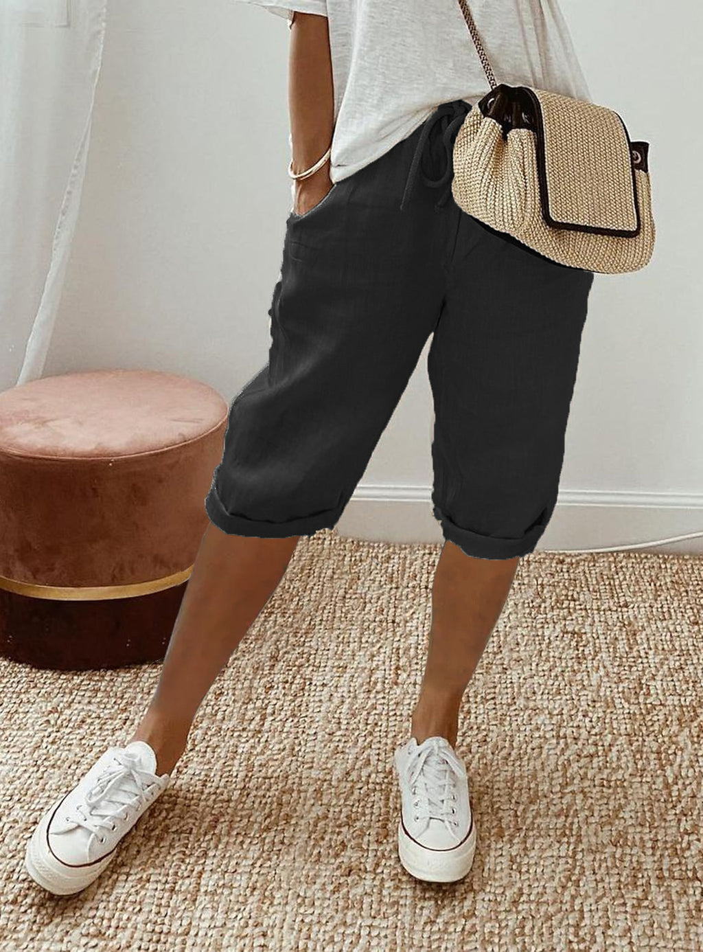 Shorts décontractés en coton et lin avec poches et taille élastique pour femme