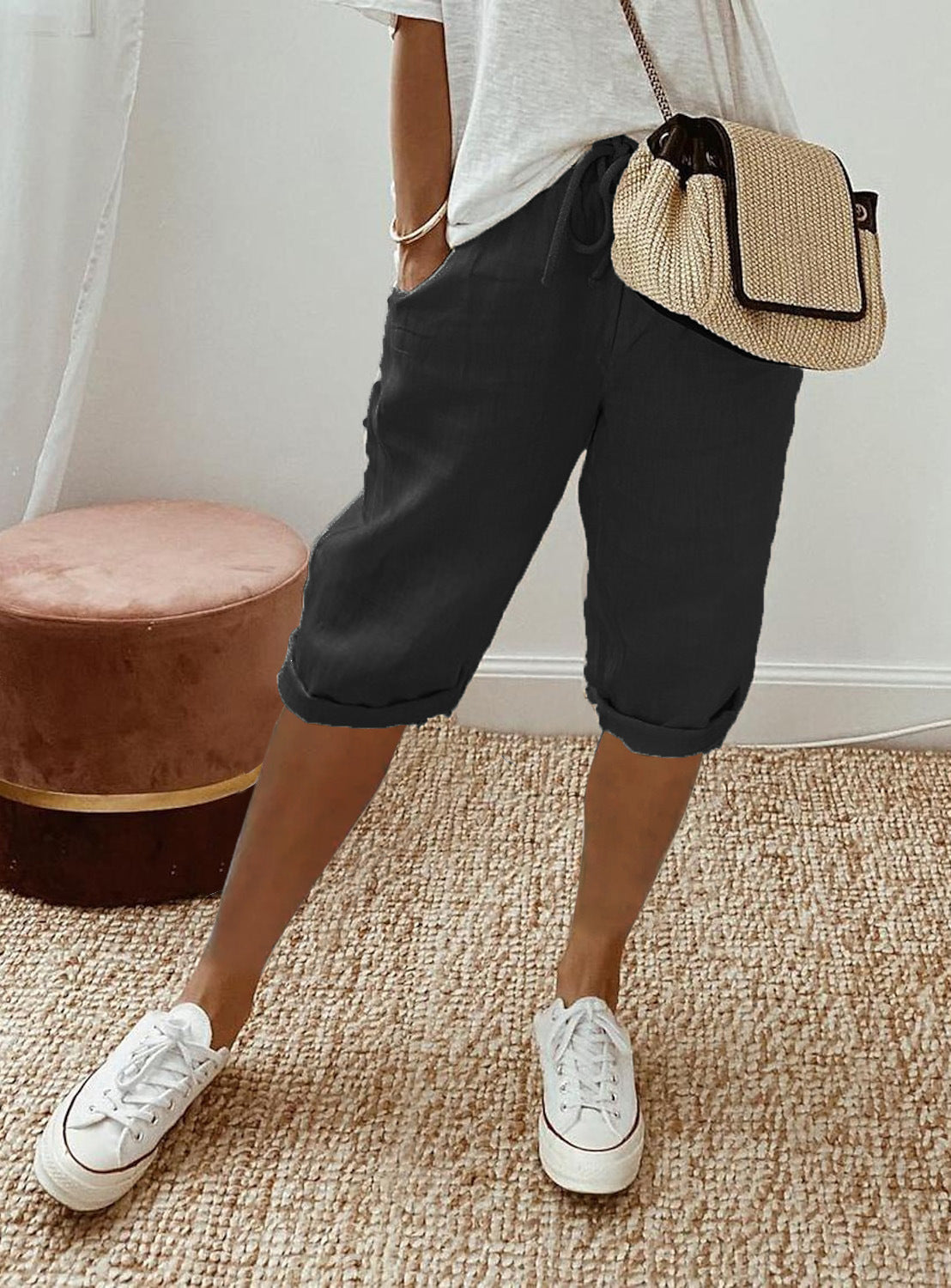 Shorts décontractés en coton et lin avec poches et taille élastique pour femme