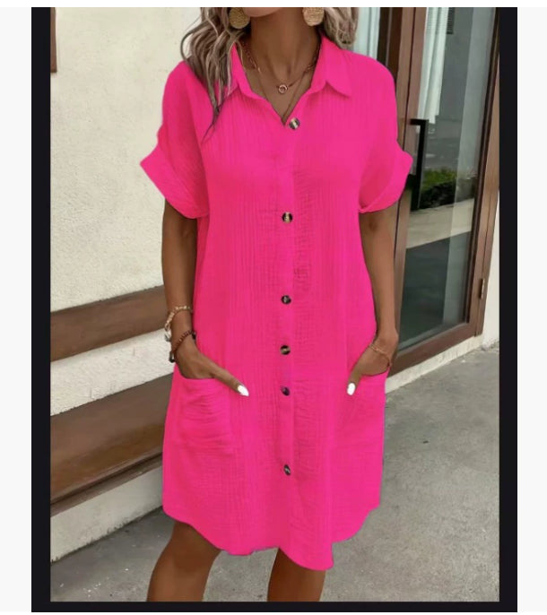 Robe chemise en coton et lin à col en V boutonnée pour femme, simplicité estivale