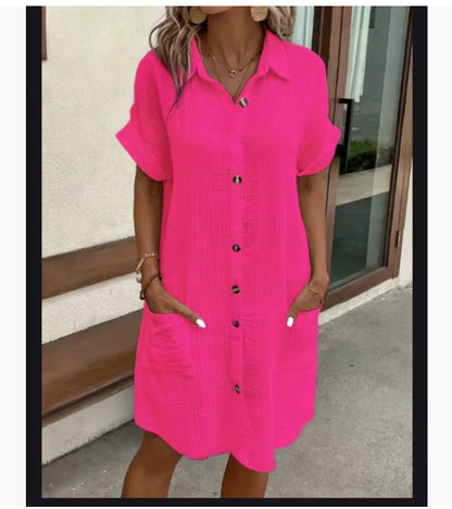 Robe chemise en coton et lin à col en V boutonnée pour femme, simplicité estivale