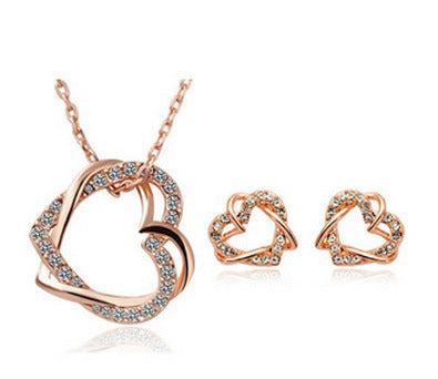 Fábrica de Joyas de Moda Yiwu, Conjunto de Collar y Pendientes de Corazón de Doble Diamante Personalizados