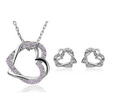 Fábrica de Joyas de Moda Yiwu, Conjunto de Collar y Pendientes de Corazón de Doble Diamante Personalizados