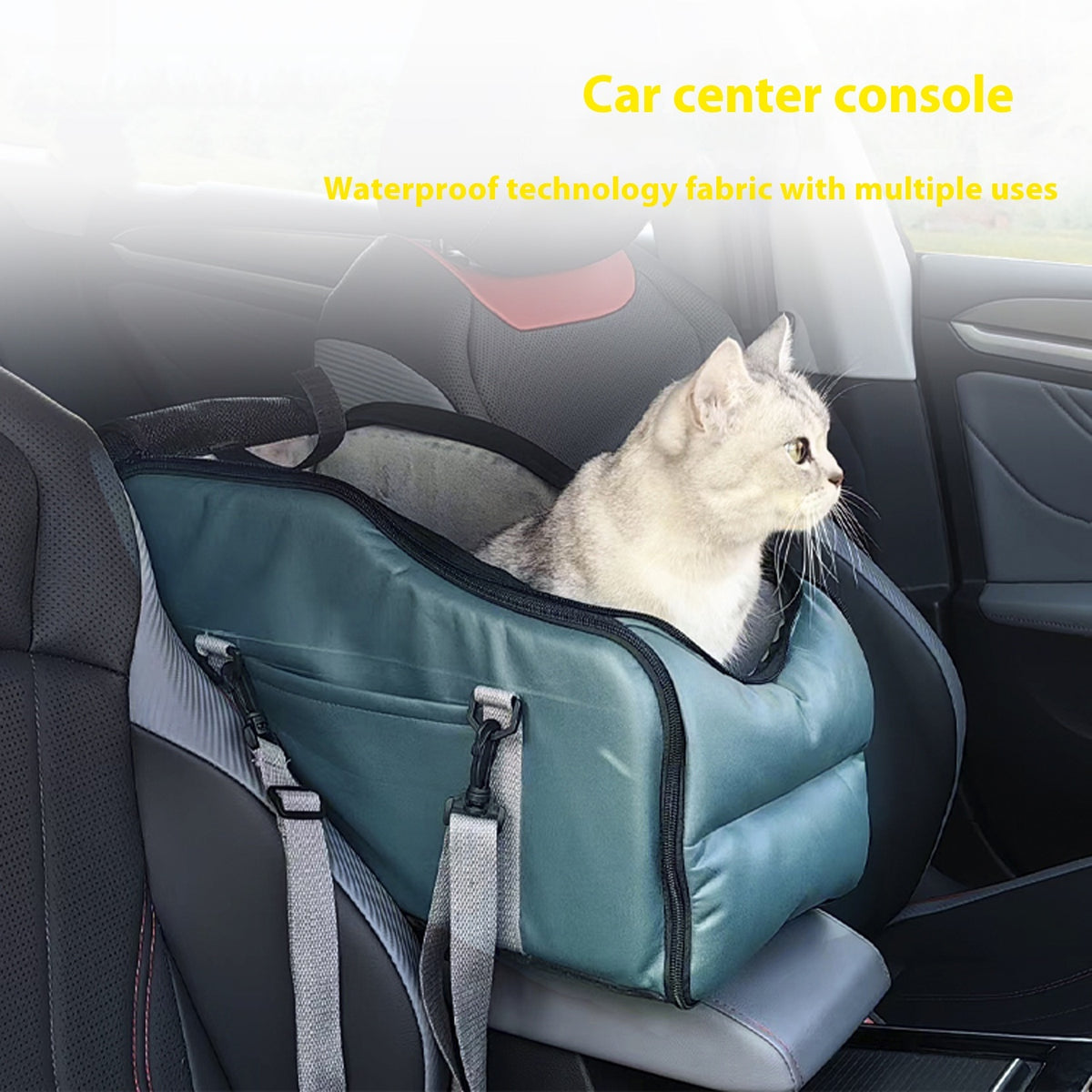 Removable and washable portable car kennel pet mat in teal blue with cat inside car