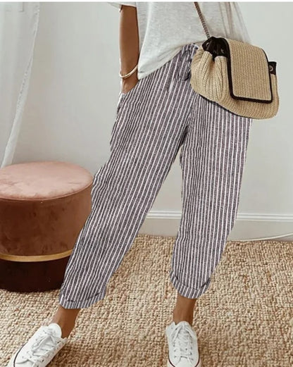 Pantalon décontracté d'été à rayures, ample, taille élastique pour femme