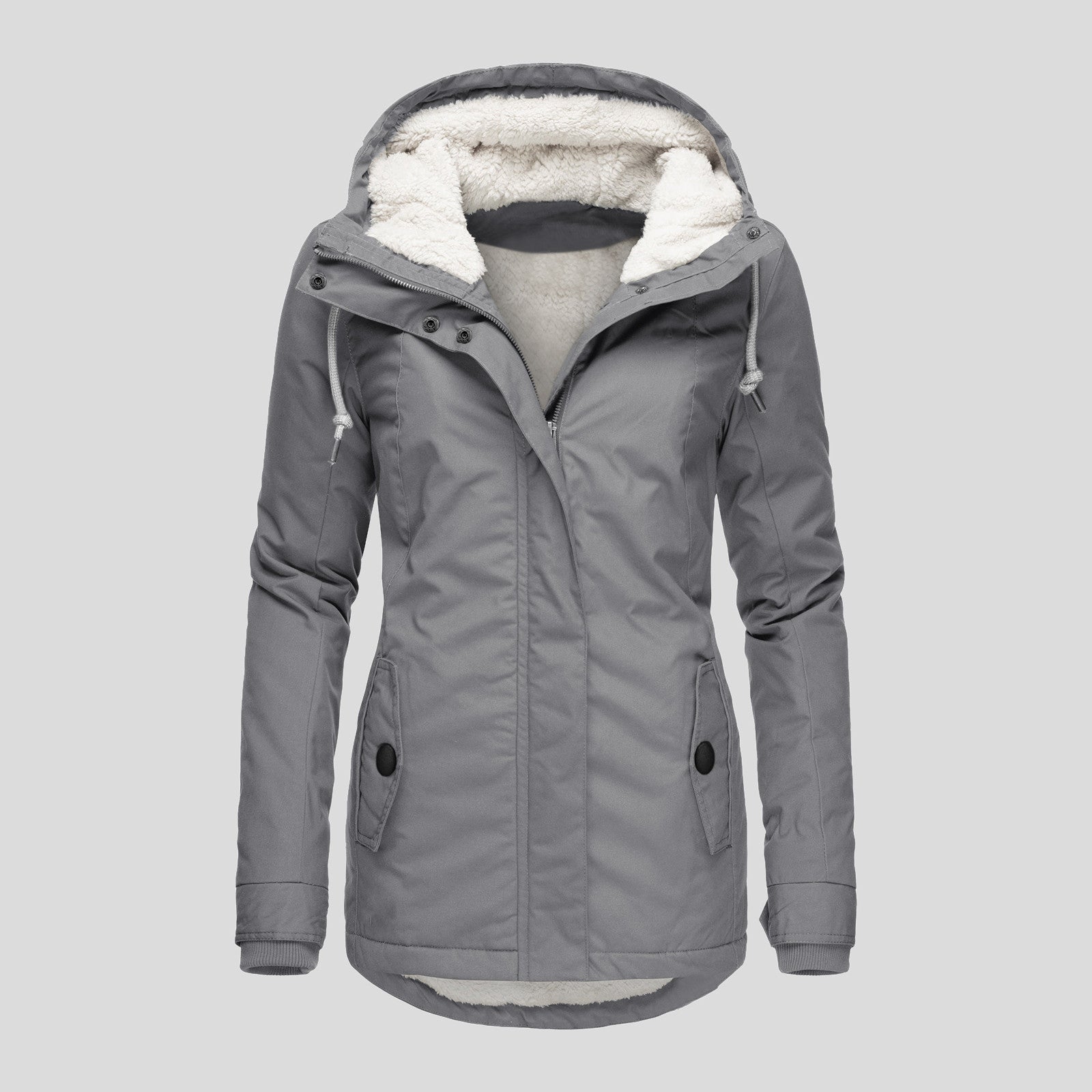 Chaqueta con Capucha de Invierno Color Sólido Cálida con Hebilla y Cremallera de Lana con Bolsillos Chaqueta Casual para Mujer