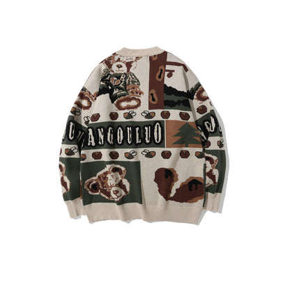 Retro Jacquard Knitted Sweater Men's Loose Round Neck Color blocked Knitted Sweater Long Sleeve