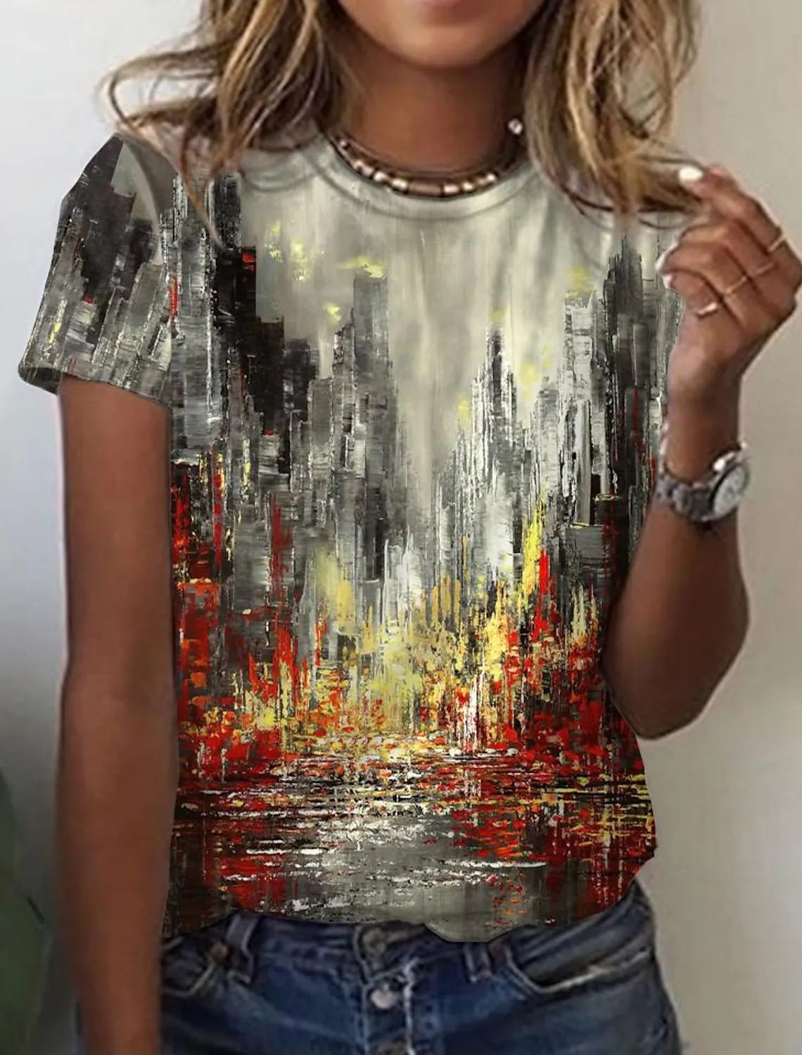 Manga corta con estampado retro abstracto para mujer de la nueva colección europea y americana