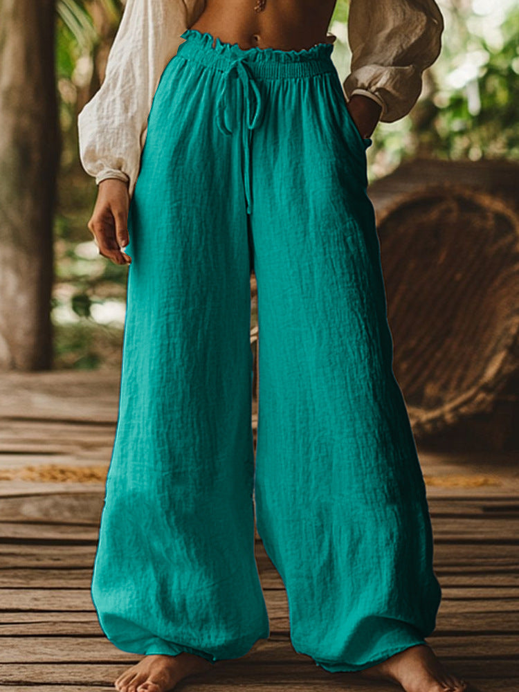 Pantalon ample décontracté de style artistique avec poches, cordon de serrage et taille élastique