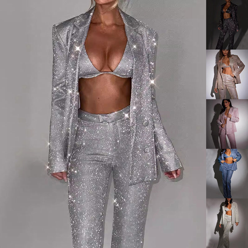 Traje brillante de 3 piezas de manga larga con sujetador, blazer de solapa y pantalones de pernera recta, conjunto de chaqueta de moda para fiesta, ropa de mujer