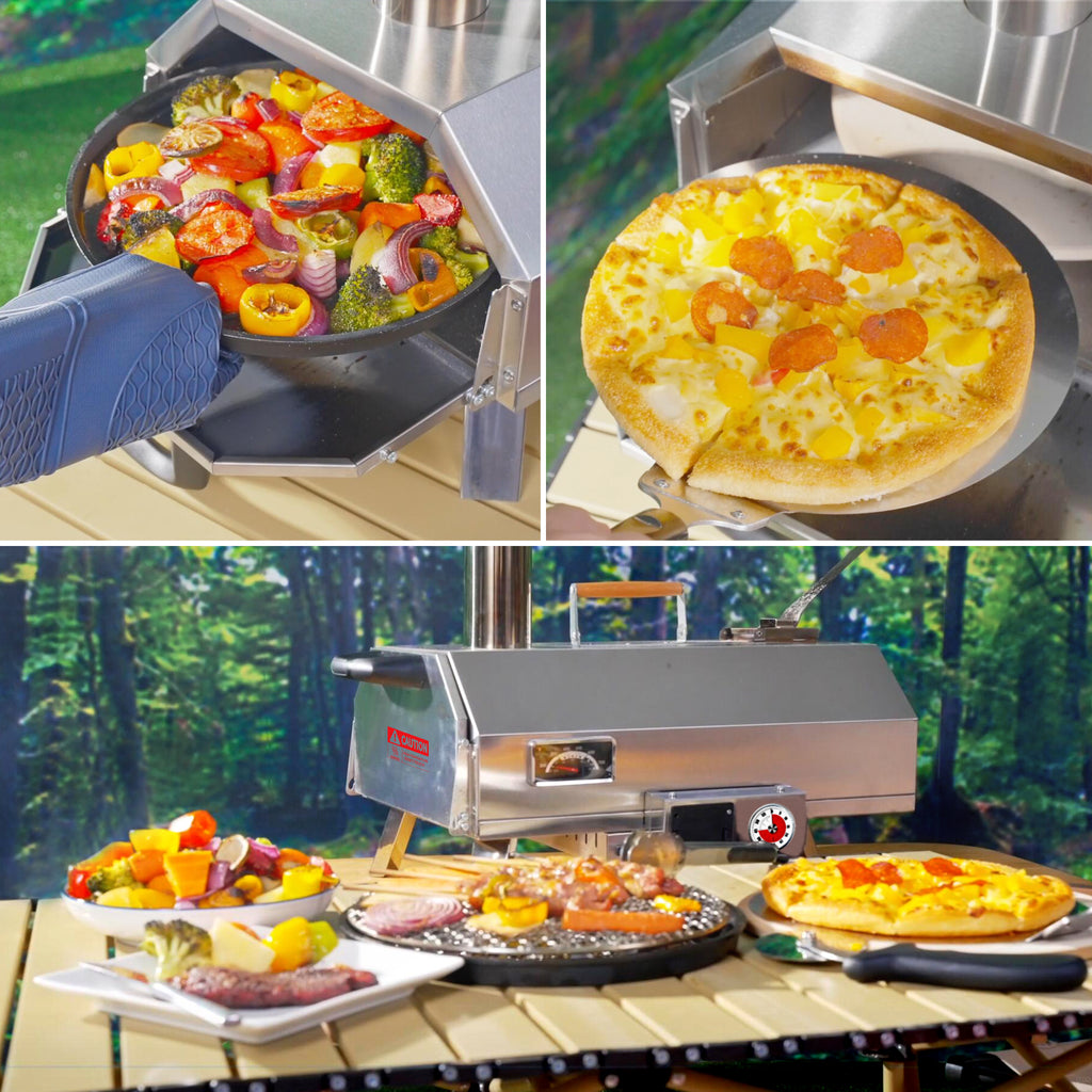 Horno de pizza de acero inoxidable para exteriores de 12", giratorio automático, portátil, de leña, para hacer pizza con temporizador