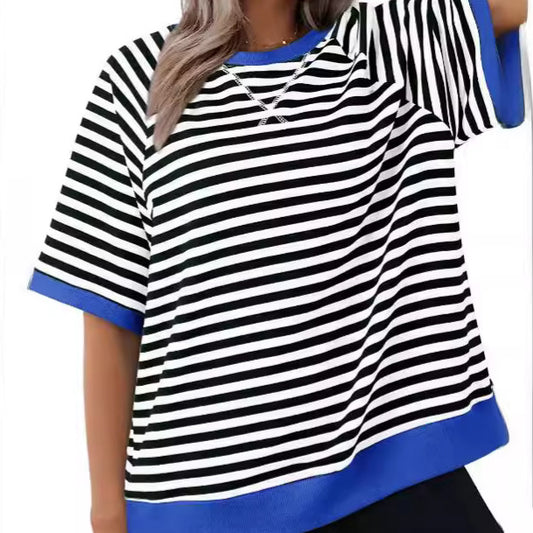 Camiseta suelta informal de rayas versátil para mujer