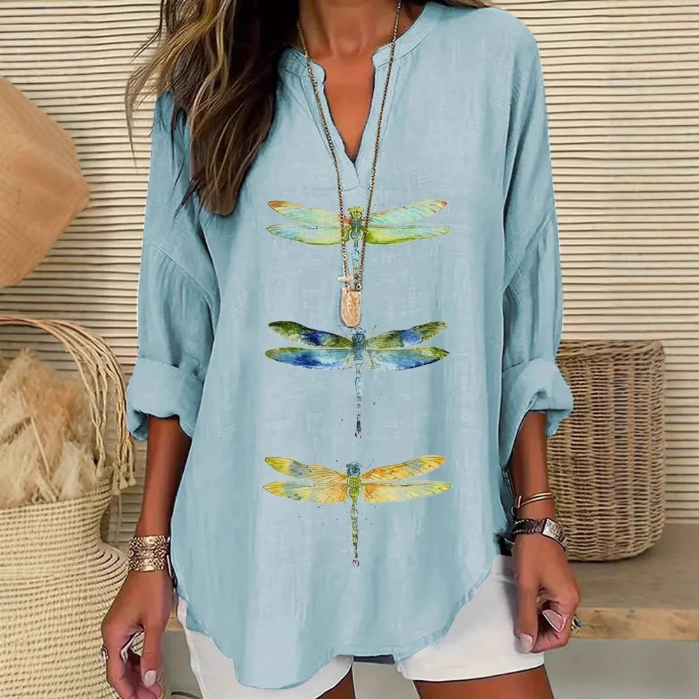 Ropa de mujer europea y americana, cuello en V pequeño, cuello alto, botón, hombros caídos, manga larga, camiseta de mujer, bajo curvo.