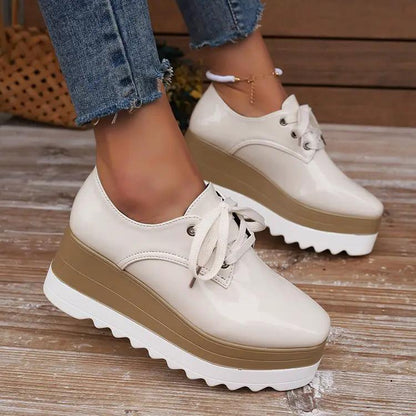 Womens lace-up square-toe patent leather platform wedge shoes, white with beige chunky sole (pair)