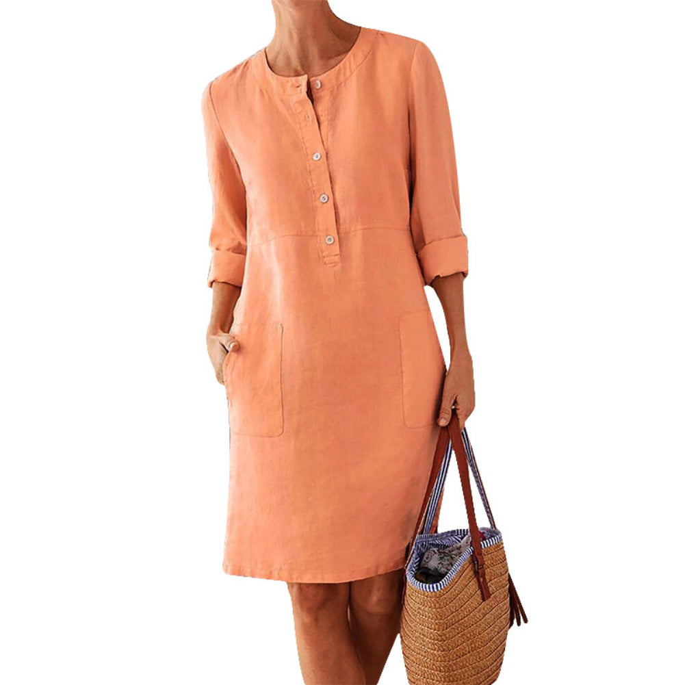 Robe longue à manches longues et col rond en coton et lin pour femmes grandes tailles