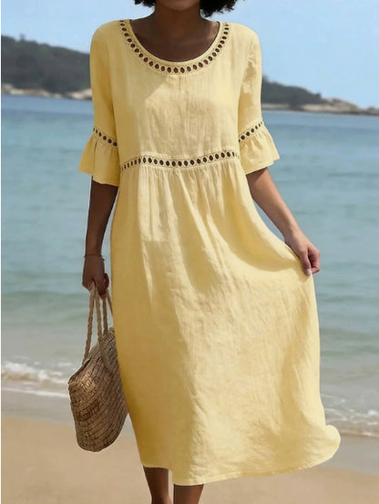 Robe décontractée élégante à col rond, manches trois-quarts et couleur unie