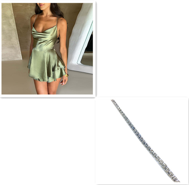 Sexy Falda de Tirantes para Mujer Elegante Ajustada con Tirantes de Satén Sin Espalda con Cordones Vestido Corto Acampanado para Mujer