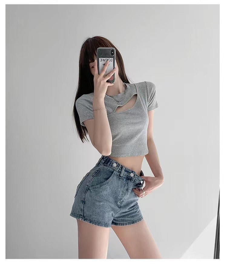 Short en jean trapèze pour femme, style rétro, avec motifs « love »