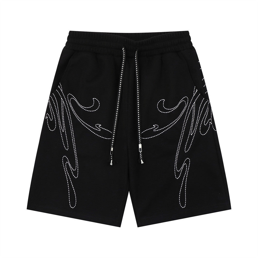 Abstract line embroidery loose shorts