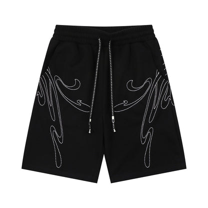 Abstract line embroidery loose shorts