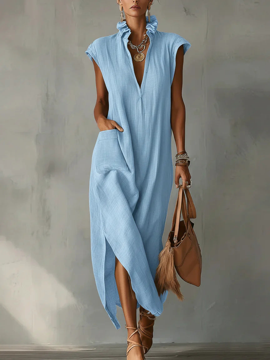 Robe unie sans manches en coton et lin pour femme