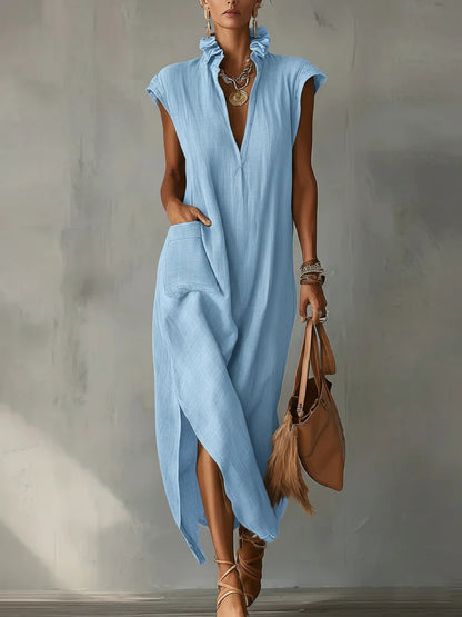 Robe unie sans manches en coton et lin pour femme