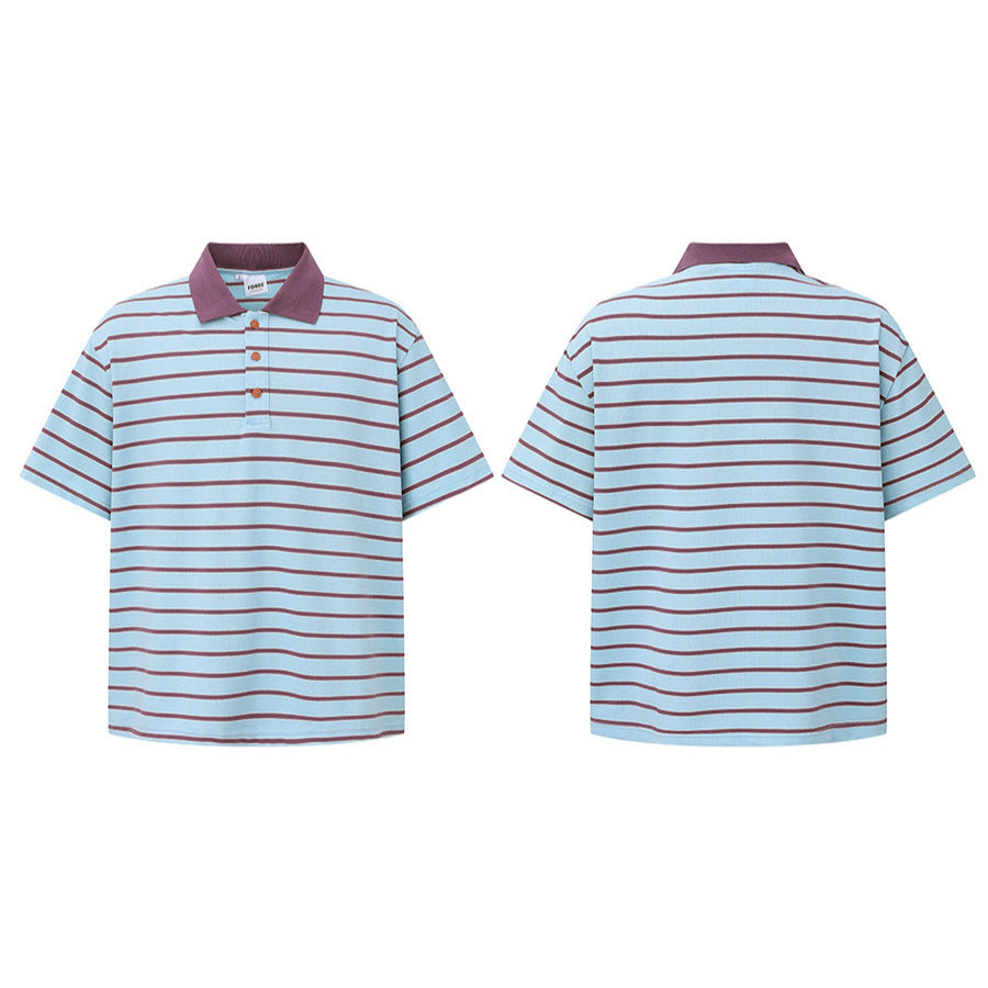 Loose short striped polo collar T-shirt