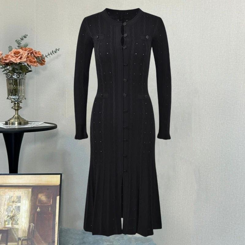 Chic Long Sleeve Knit Dress with Side Split, Waist-Cinching Slim Fit, Floor-Length Skirt by eprolo