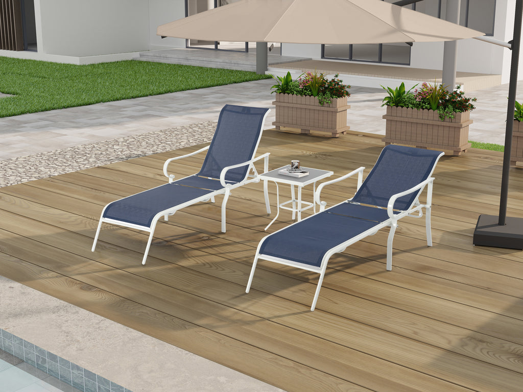 Ensemble de 3 chaises longues de terrasse, chaise longue d'extérieur avec 5 dossiers réglables, cadre en acier robuste, blanc bleu